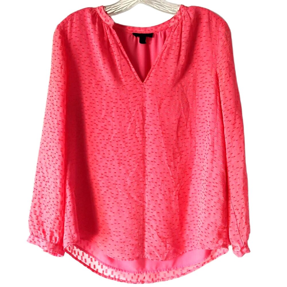 J Crew Blouse Coral Silk Split V Neck Boho Smock Popover Top Swiss Dot Flowy 2